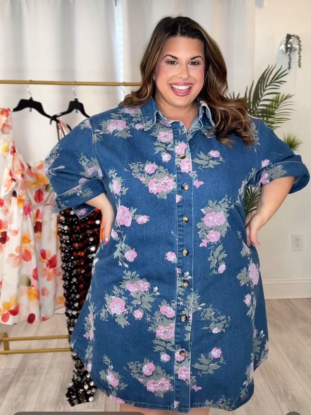 Plus Size Floral Denim Button-Up Dress